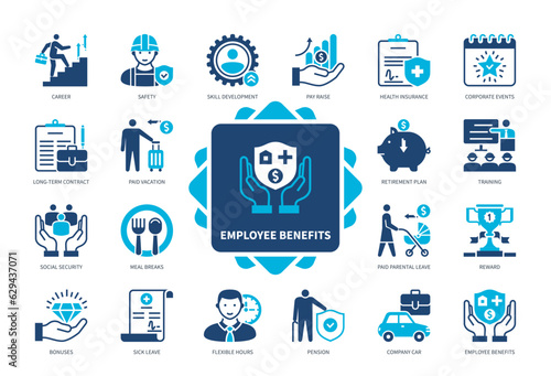Employee Benefits icon set. Insurance, Paid Vacation, Pension, Social Security, Meal Breaks, Bonuses, Career, Sick Leave. Duotone color solid icons