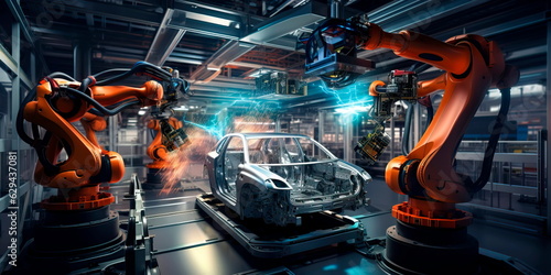 high-tech automotive assembly line with precision robots and skilled technicians meticulously crafting cars with cutting-edge technology. Generative AI