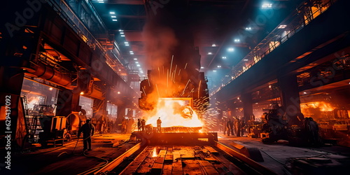 A massive steel mill with towering furnaces and sparks flying as raw materials are transformed into beams and plates for construction projects. Generative AI photo