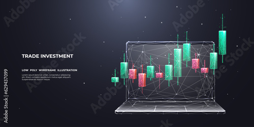 Trade investment concept. Stock market candlestick in polygonal wireframe style. Digital graph chart on laptop screen. Abstract 3D vector illustration on dark technological background.