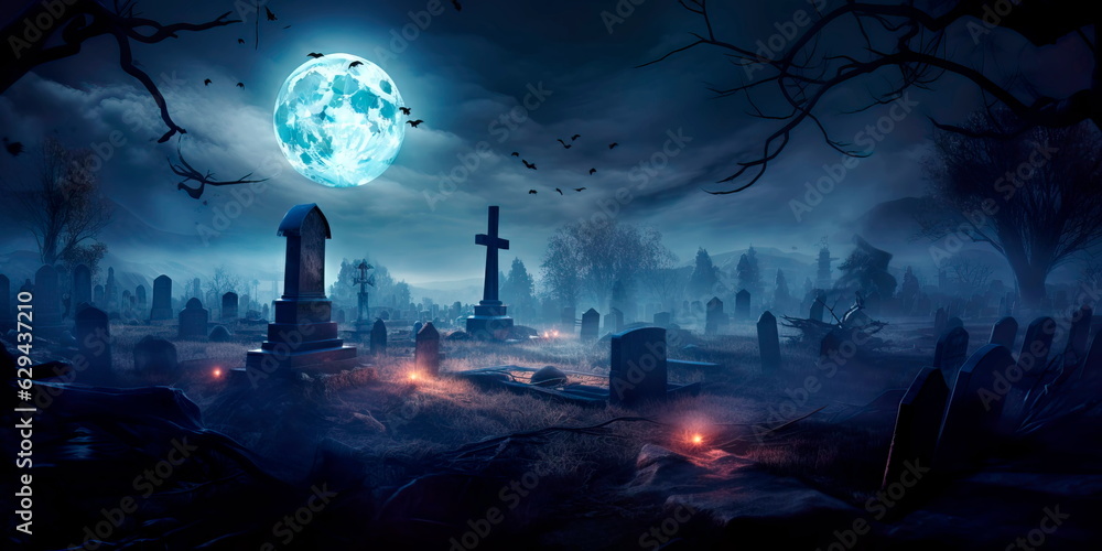 spooky graveyard at midnight, with tombstones, bats, and a full moon casting an eerie glow. Generative Ai