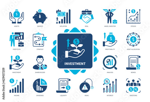Investment icon set. Angel Investor, Stocks, Asset Allocation, Income, Dividends, Profitability, Portfolio. Duotone color solid icons
