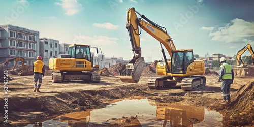 Workers operating heavy machinery in a construction site within the industrial zone. Generative Ai