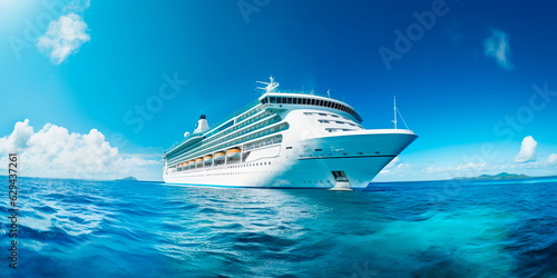 cruise ship sailing on crystal clear seas as a symbol of an unforgettable sea voyage. Generative AI
