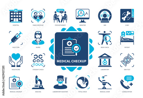 Medical checkup icon set. Patient, Laboratory, Analysis, Consultation, Hospital, Fetal Check, Nurse, DNA Test. Duotone color solid icons