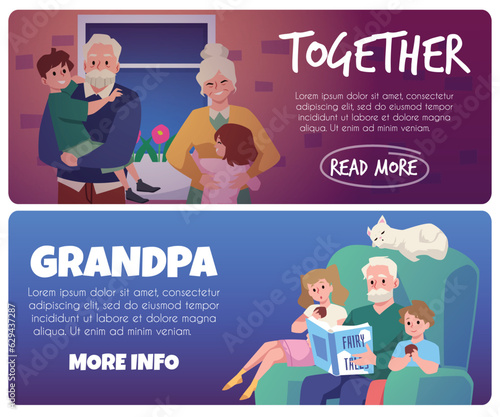 Grandchildren and grandparents spend time together, web banners set, flat vector illustration.