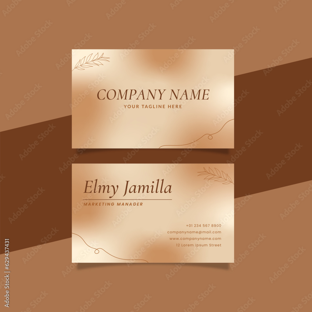 Fototapeta premium Printable Aesthetic Business Card Template Decorated with Golden Gradient and Floral Object Background