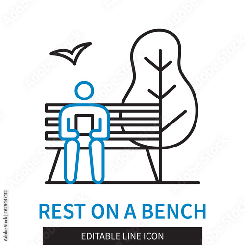 Editable line Rest on bench outline icon. Man sits on a bench in the park. Editable stroke icon isolated on white background