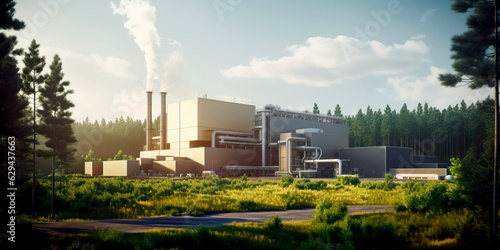 biomass power plant utilizing organic waste to produce energy, surrounded by lush greenery. Generative Ai photo
