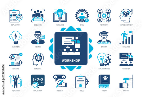 Workshop icon set. Theory, Practice, Goal Setting, Explanation, Challenge, Mentor, Motivation. Editable stroke icons EPS