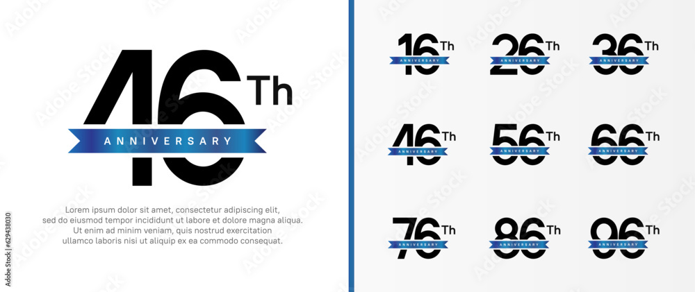 set of anniversary logo black color number and blue ribbon on white background for celebration
