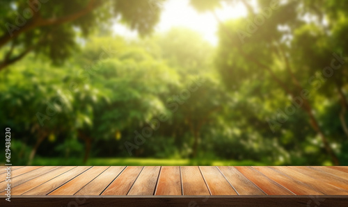 empty wooden table top, positioned in front of a blurred background of a lush green garden bathed in soft sunlight