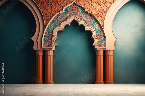 Ornamental colorful patterned stone relief in arabic architectural style of islamic mosque greeting card for Ramadan Kareem with a place for text 