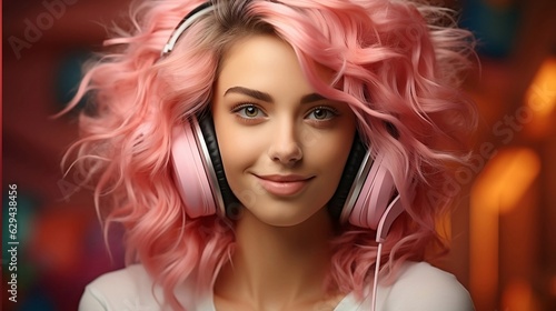 Closeup portrait of charming pink-haired woman in massive headphones listening to music on background.