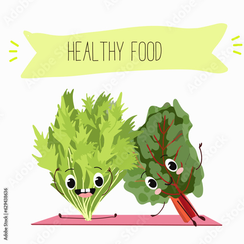 Illustration with funny cartoon characters chard
mitsuna, salad, vegetable. Funny and healthy food. Vitamins, cute face food, ingredients, vegetarian, vector cartoon.