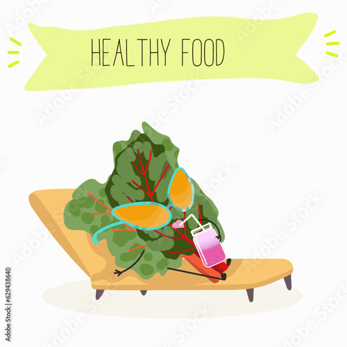 Illustration with funny cartoon characters chard
mitsuna, salad, vegetable. Funny and healthy food. Vitamins, cute face food, ingredients, vegetarian, vector cartoon.