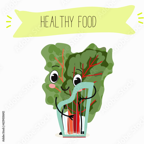 Illustration with funny cartoon characters chard
mitsuna, salad, vegetable. Funny and healthy food. Vitamins, cute face food, ingredients, vegetarian, vector cartoon.