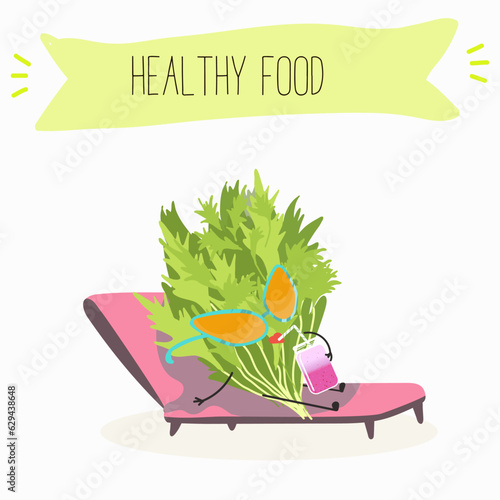 Illustration with funny cartoon characters chard
mitsuna, salad, vegetable. Funny and healthy food. Vitamins, cute face food, ingredients, vegetarian, vector cartoon.