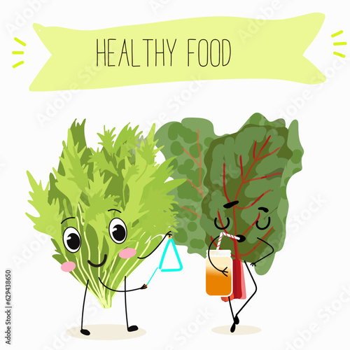 Illustration with funny cartoon characters chard
mitsuna, salad, vegetable. Funny and healthy food. Vitamins, cute face food, ingredients, vegetarian, vector cartoon.