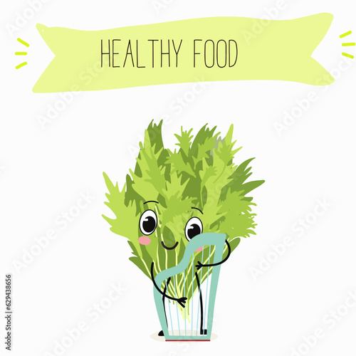 Illustration with funny cartoon characters chard
mitsuna, salad, vegetable. Funny and healthy food. Vitamins, cute face food, ingredients, vegetarian, vector cartoon.