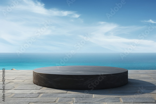 Empty round black podium on stone platform with sea and blue sky background for product display. Generative AI.