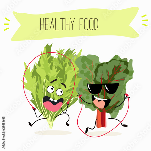 Illustration with funny cartoon characters chard
mitsuna, salad, vegetable. Funny and healthy food. Vitamins, cute face food, ingredients, vegetarian, vector cartoon.