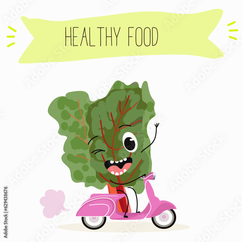 Illustration with funny cartoon characters chard
mitsuna, salad, vegetable. Funny and healthy food. Vitamins, cute face food, ingredients, vegetarian, vector cartoon.