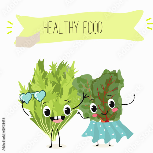 Illustration with funny cartoon characters chard
mitsuna, salad, vegetable. Funny and healthy food. Vitamins, cute face food, ingredients, vegetarian, vector cartoon.