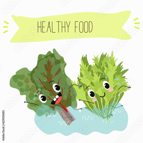 Illustration with funny cartoon characters chard
mitsuna, salad, vegetable. Funny and healthy food. Vitamins, cute face food, ingredients, vegetarian, vector cartoon.
