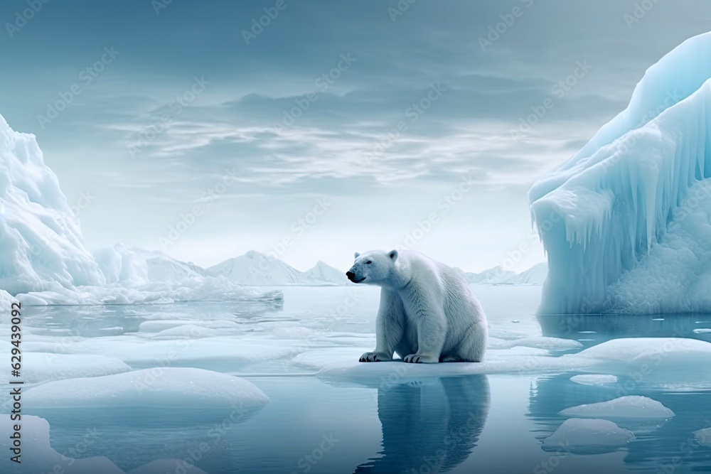 White polar bear sitting on melting ice floe glacier at arctic sea that facing to Global Warming situation, save the world form pollution concept, climate change, with Generative Ai. White polar bear sitting on melting ice floe glacier at arctic sea that facing to Global Warming situation, save the world form pollution concept, climate change, with Generative Ai.