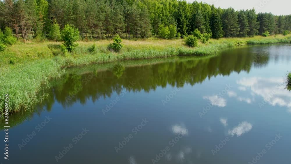 Reflection Of Trees, Clouds, And Sky On The Calm Waters Of Lake. - aerial Reflection Of Trees, Clouds, And Sky On The Calm Waters Of Lake. - aerial
