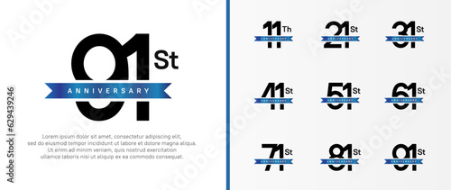 set of anniversary logo black color number and blue ribbon on white background for celebration