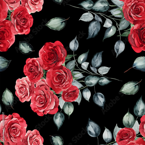 Bouquet of red roses with green leaves on black background print  seamless pattern backdrop