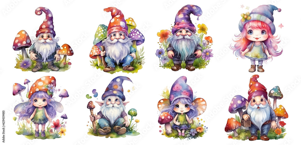 set of cute gnome in watercolor with transparent background, png, generated ai