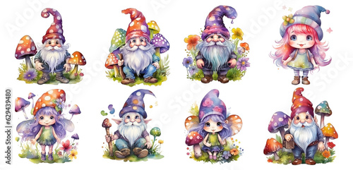 set of cute gnome in watercolor with transparent background  png  generated ai