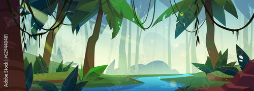 Tropical forest landscape with river. Vector cartoon illustration of jungle wood with exotic green plants, sunlight beams, liana vines on tree branches above blue water. Adventure game background