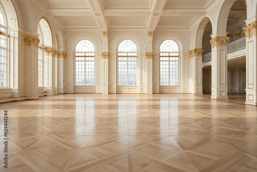 A European-style ballroom boasting a luxurious ambiance with its pristine white interior adorned with opulent gold decorations. Photorealistic illustration
