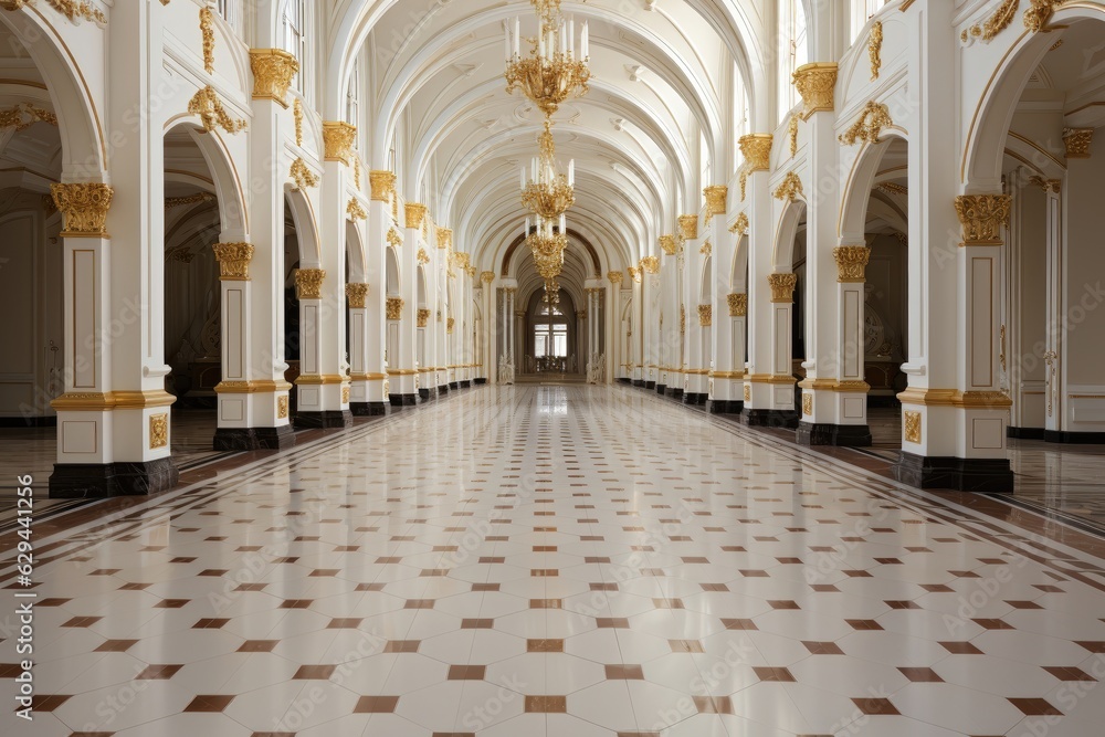 A bright European-style hallway with the white and gold interior, along with its high ceiling, exuding a sense of grandeur and sophistication. Photorealistic illustration