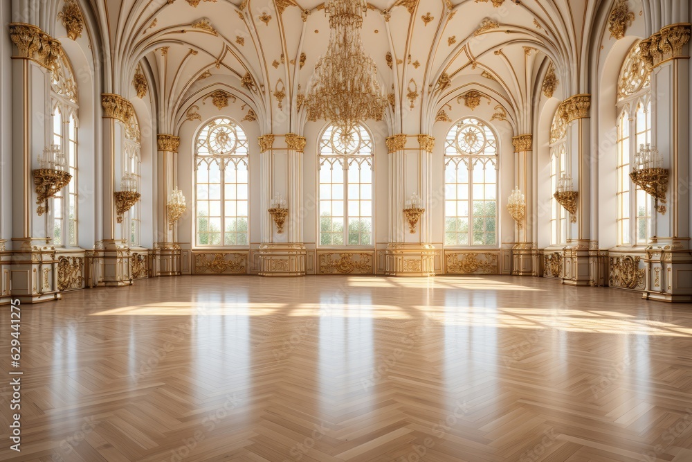 A bright european-style hall showcasing a stunning white interior embellished with lavish gold decorations, creating an elegant atmosphere. Photorealistic illustration