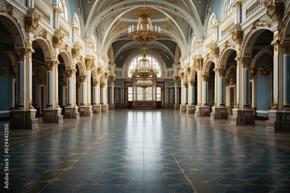 A European-style hall showcasing an interior featuring a blend of white, gold, and light blue elements, creating an atmosphere of elegance. Photorealistic illustration
