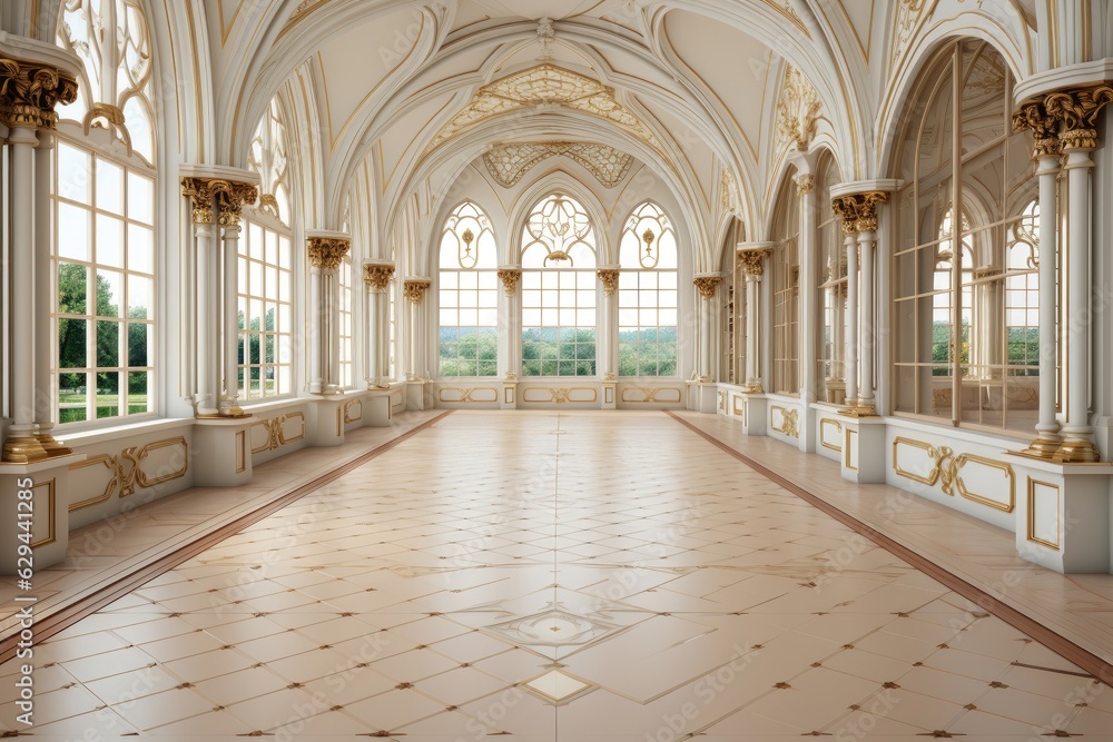 A bright hall offering a surrounding view and boasting a European-style interior adorned with lavish white and gold decor. Photorealistic illustration