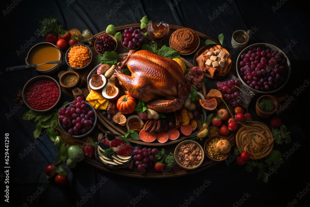 Celebratory roast with chicken, turkey, and roast goose on black background.