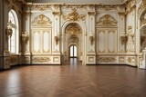 A luxurious hall featuring an opulent European-style interior adorned with exquisite white and gold decorations. Photorealistic illustration