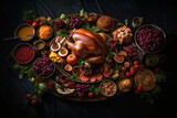 Celebratory roast with chicken, turkey, and roast goose on black background.
