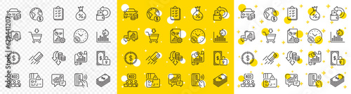 Outline Checklist, Dollar target and Loan percent line icons pack for web with Buy car, Card, Report timer line icon. Global business, Accounting, Graph chart pictogram icon. Vector