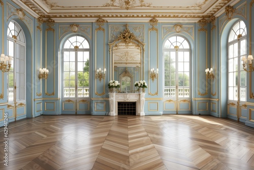 A picturesque European-style hall with elegant glass doors leading to an outdoor balcony, boasting a palette of white, light blue, and a wood floor. Photorealistic illustration