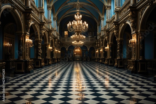 A European-style hall adorned with lavish decorations, featuring an interior with white and light blue hues, complemented by chandeliers. Photorealistic illustration