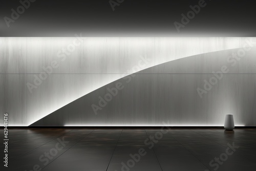 A wallpaper showcasing a concrete room  featuring a wall adorned with illuminated curves  making it a captivating backdrop for visual content. Photorealistic illustration