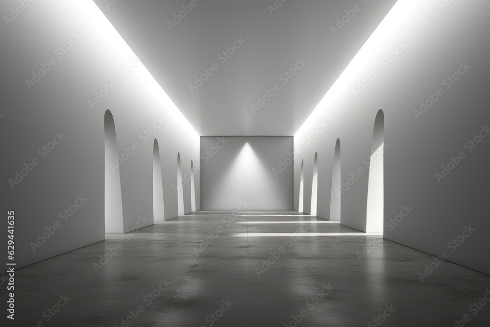 A captivating background image for visual content, showcasing a minimalist white interior hallway with sunlight streaming through. Photorealistic illustration