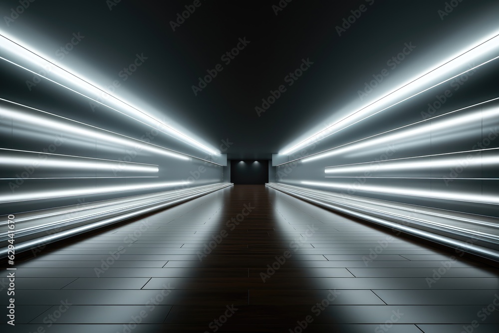 A futuristic wallpaper for visual content, featuring a dark corridor illuminated with light strips, creating a cutting-edge atmosphere. Photorealistic illustration